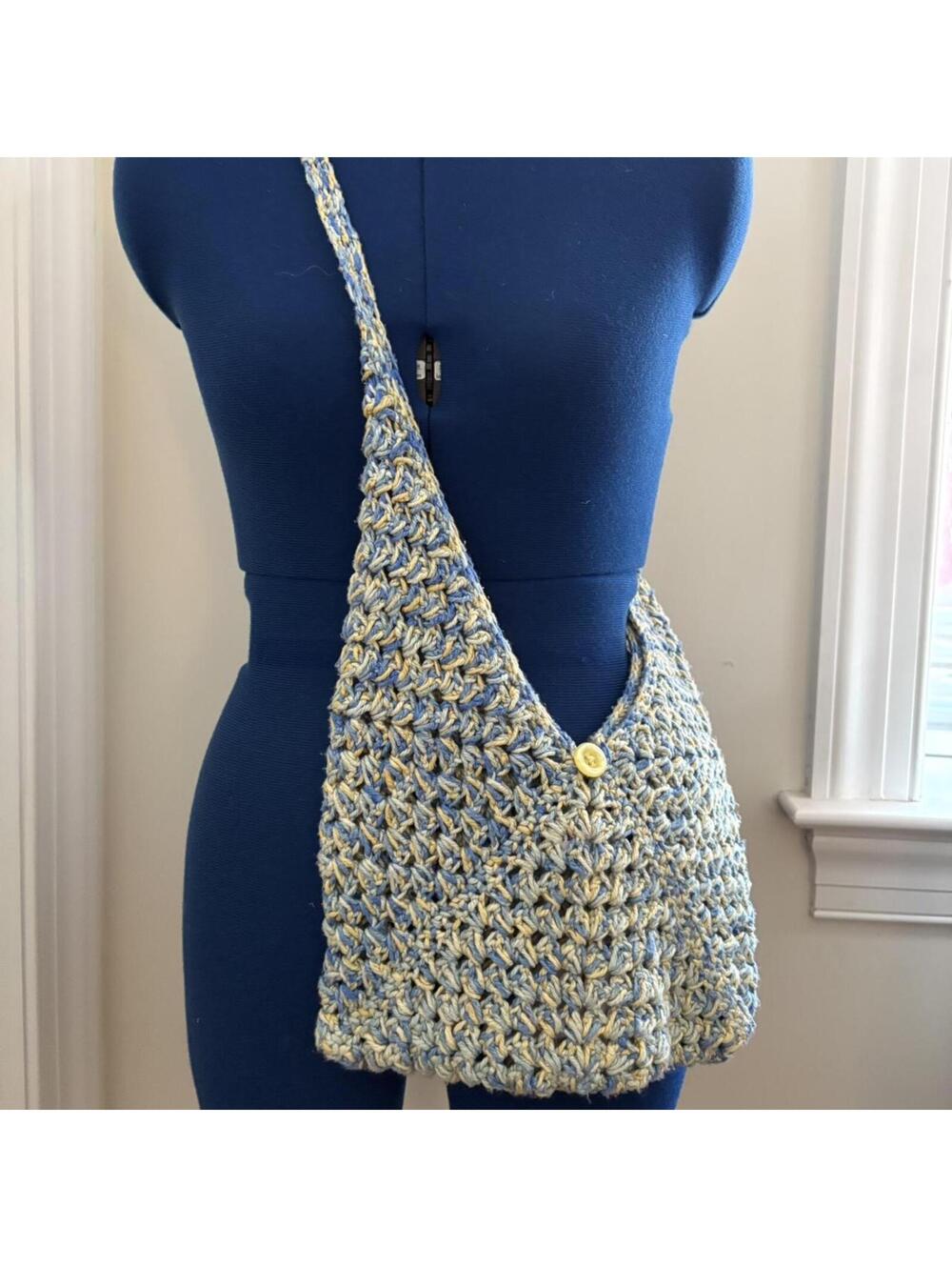 Handmade Crochet Lightweight Blue & Yellow Recycled Silk Shoulder Envelope Bag